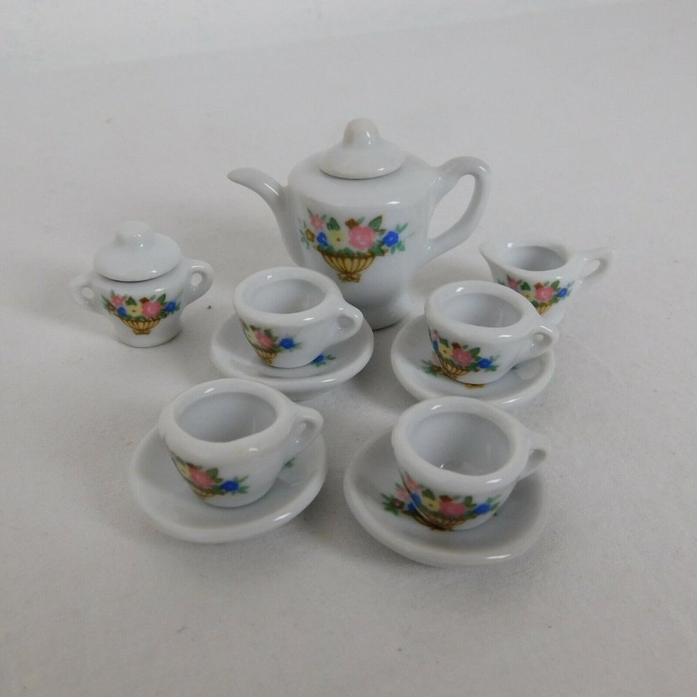 Porcelain 13 Piece Mini Miniature White w/Flower Basket Tea Set Teapot Dolls